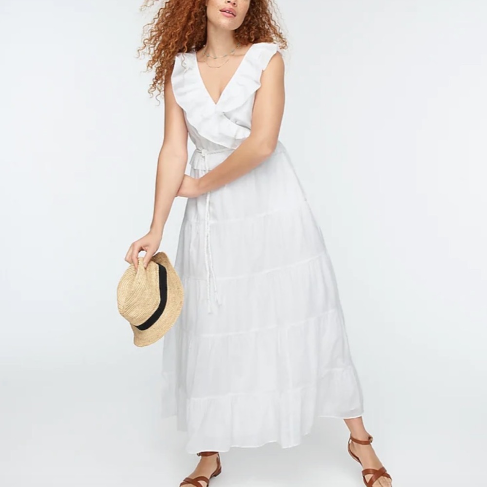 J.crew, white, ruffle front maxi dress with braided belt
